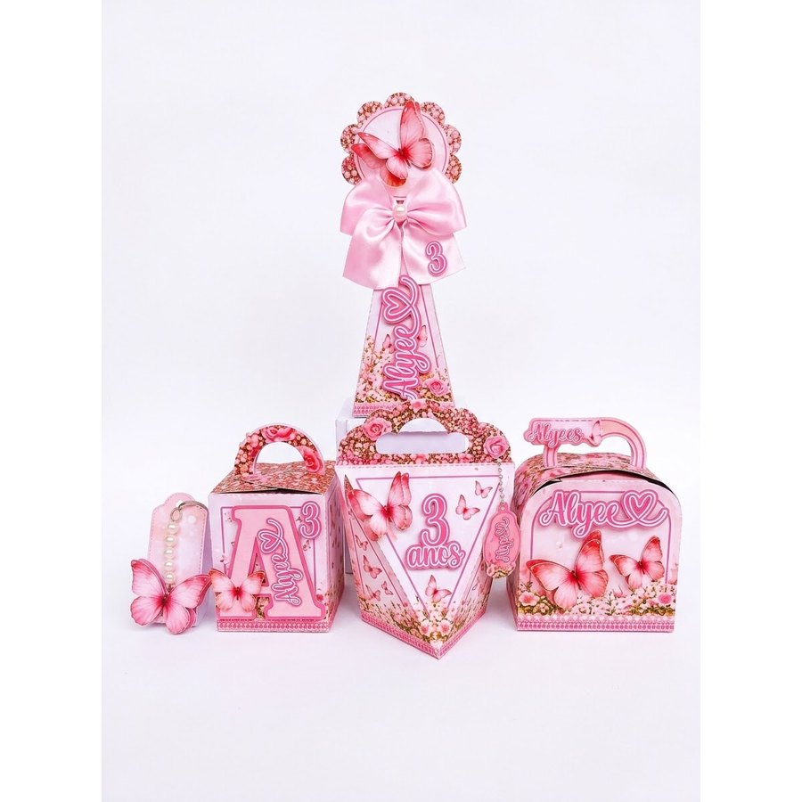 Kit de festa Jardim das Borboletas com sacolinhas e caixinhas personalizadas
