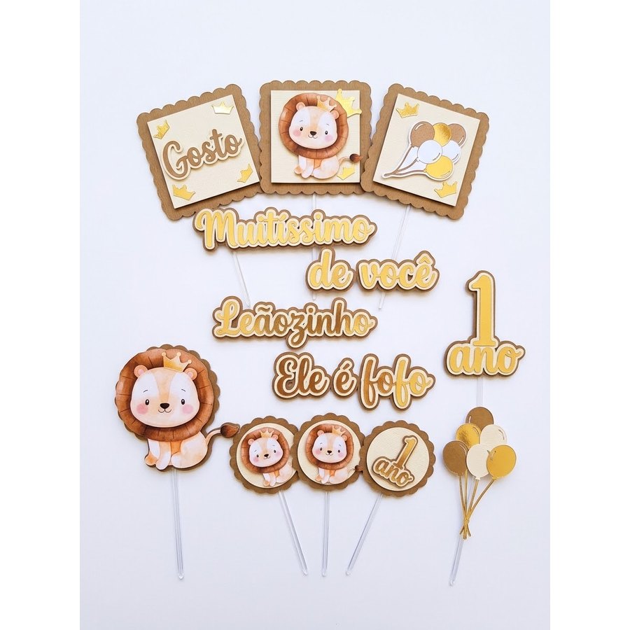 Kit de topo de bolo tema safari com leãozinho e balões dourados